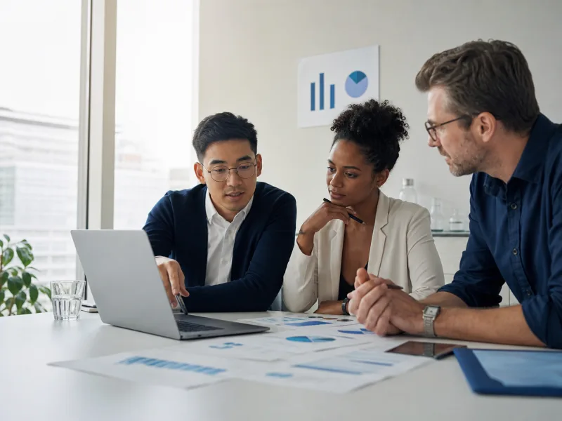 A diverse finance team reviewing business plans and forecasts together